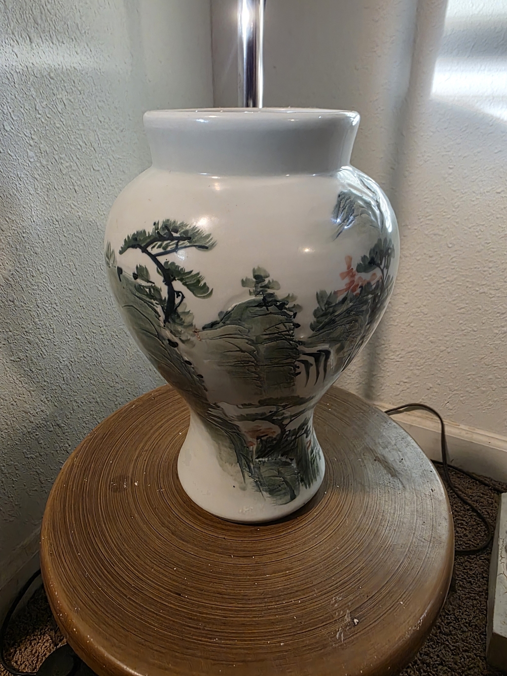 Hand-Painted Ceramic Table Lamp Base - Green and White Landscape